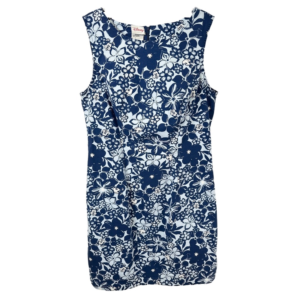VTG Disney Medium Shift Dress Blue Floral Hidden Mickey‎ Sleeveless Resort 1293